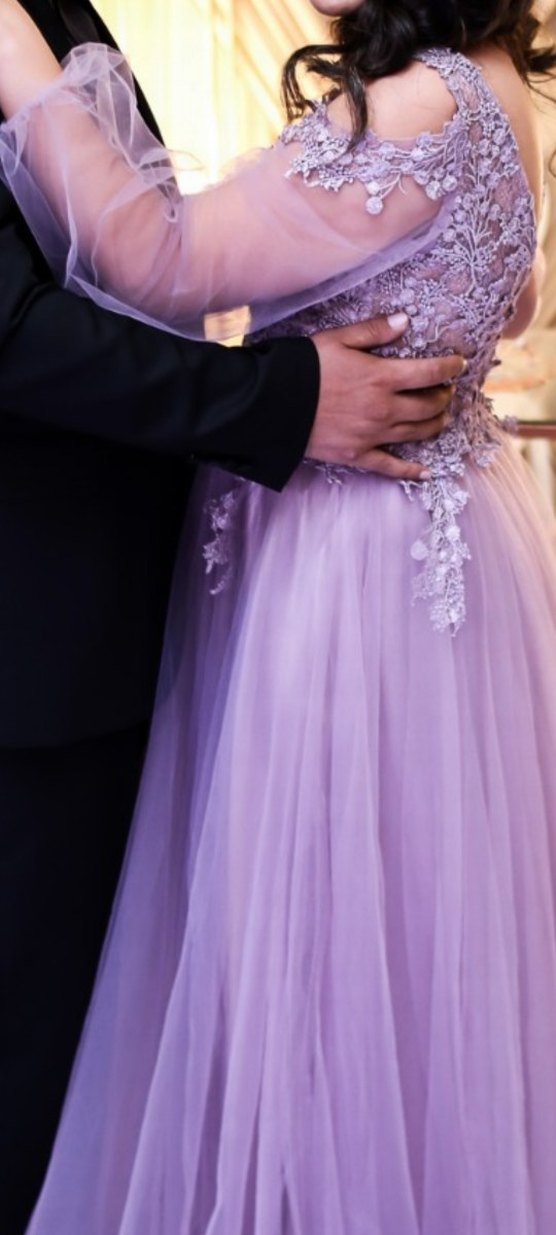 Pastel Mor Uzun Kollu Çiçek Desenli Nişan Elbisesi - Görsel 3