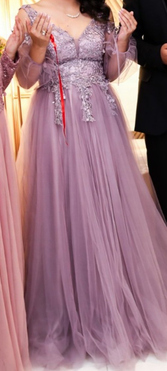 Pastel Mor Uzun Kollu Çiçek Desenli Nişan Elbisesi - Görsel 4