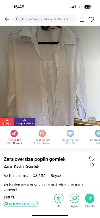 s Beden beyaz Renk Zara oversize gomlek