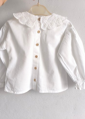 Kız Çocuk Beyaz Nakışlı Keten Gömlek - Görsel 4