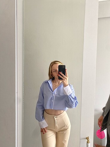 Mavi beyaz crop gömlek