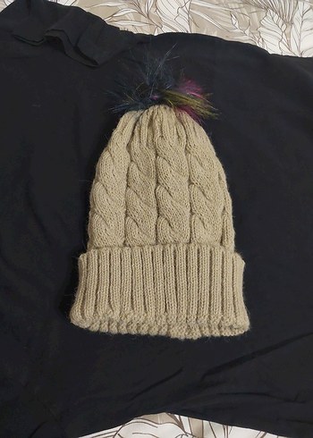 Bej Örgü Kadın Bere Renkli Ponponlu - Görsel 10