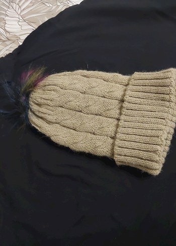 Bej Örgü Kadın Bere Renkli Ponponlu - Görsel 6