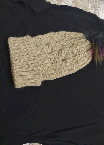 Bej Örgü Kadın Bere Renkli Ponponlu - Görsel 9