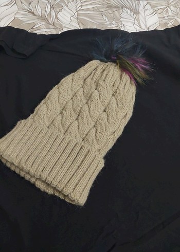 Bej Örgü Kadın Bere Renkli Ponponlu - Görsel 2