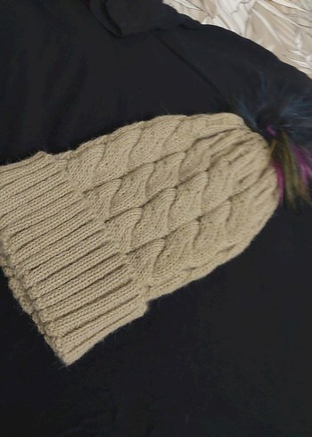 Bej Örgü Kadın Bere Renkli Ponponlu - Görsel 11