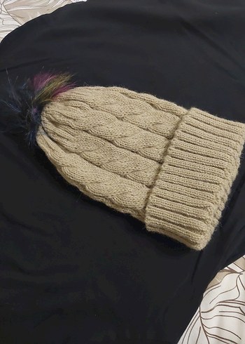 Bej Örgü Kadın Bere Renkli Ponponlu - Görsel 8