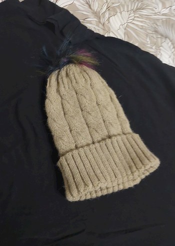 Bej Örgü Kadın Bere Renkli Ponponlu - Görsel 12