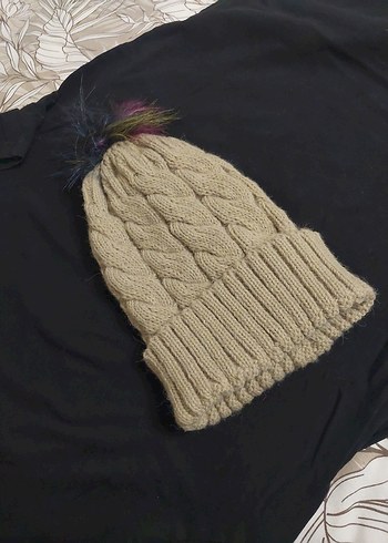 Bej Örgü Kadın Bere Renkli Ponponlu - Görsel 14