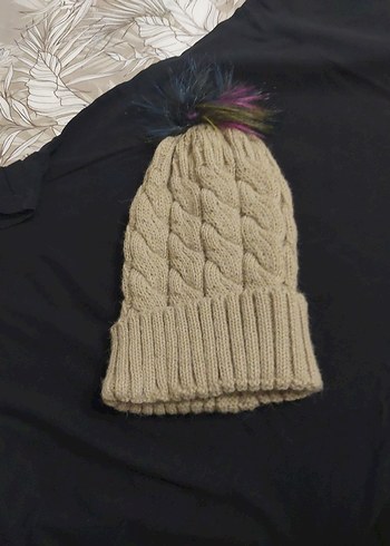 Bej Örgü Kadın Bere Renkli Ponponlu - Görsel 5