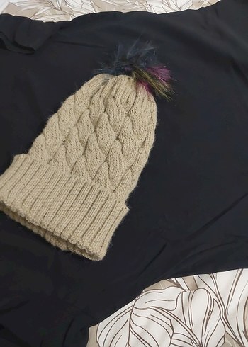 Bej Örgü Kadın Bere Renkli Ponponlu - Görsel 7