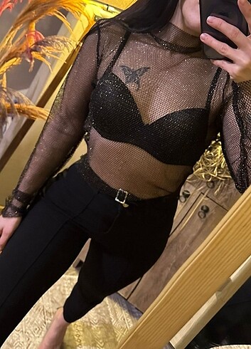m Beden siyah Renk File crop bluz 