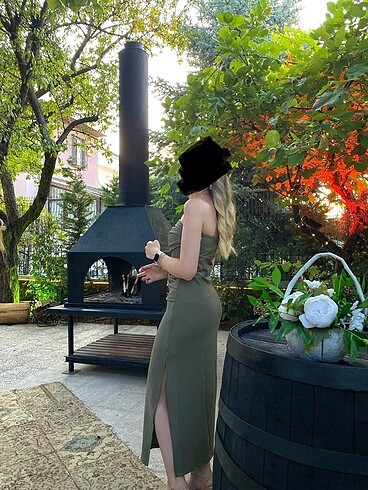 Haki straplez uzun elbise