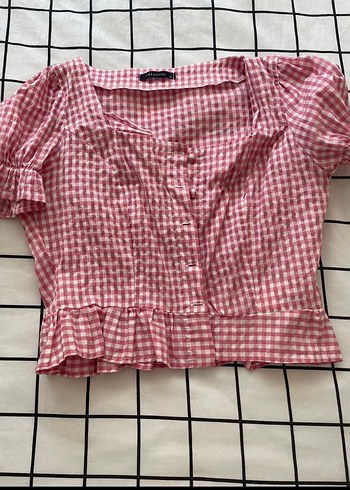 Pembe Kareli V Yaka Düğmeli bluz