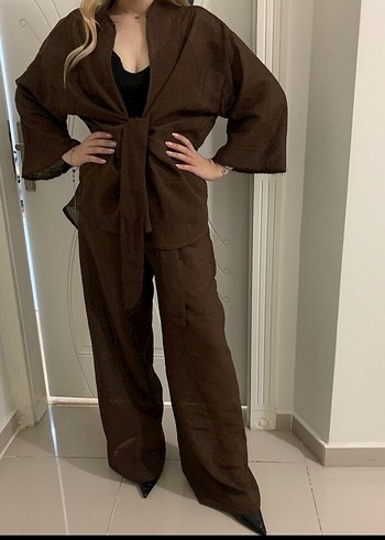 Kahverengi Kemerli Uzun Keten Kimono takım