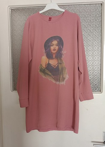 Pembe Baskılı Uzun Kollu Salaş Tunik