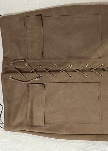 Kadın Bej Süet Bağcıklı Mini Etek