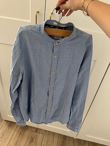 Zara Mavi Yakasiz Gomlek - Görsel 3