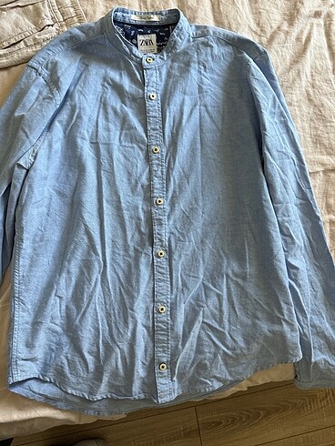 Zara Mavi Yakasiz Gomlek - Görsel 5