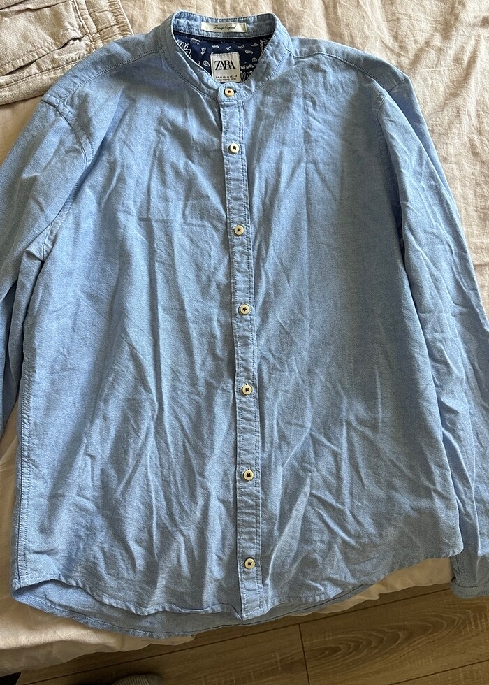 Zara Mavi Yakasiz Gomlek - Görsel 5