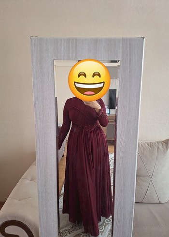 Bordo Uzun Kol Drapeli Abiye Elbise