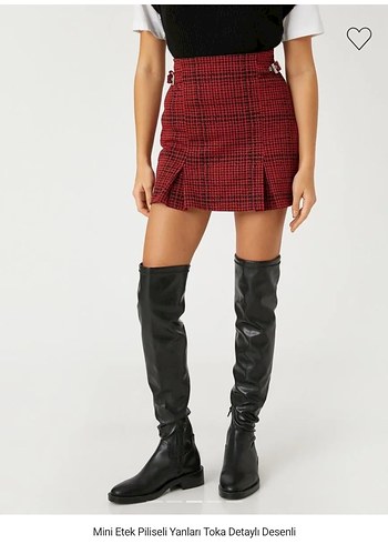 Kemer Detaylı Kırmızı Ekose Mini Etek - Görsel 3