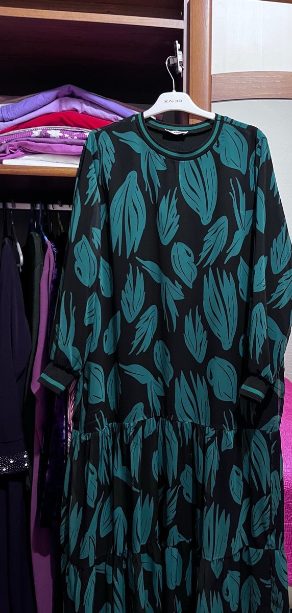 Yeşil Baskılı Uzun Kollu Salaş Elbise - Görsel 2