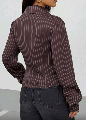 Düğmeli Çizgili Kahverengi Kadın Gömlek - Görsel 3