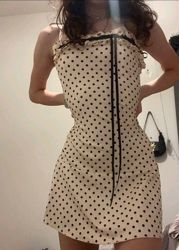 Dantel Detaylı Puantiye Straplez Elbise - Görsel 5