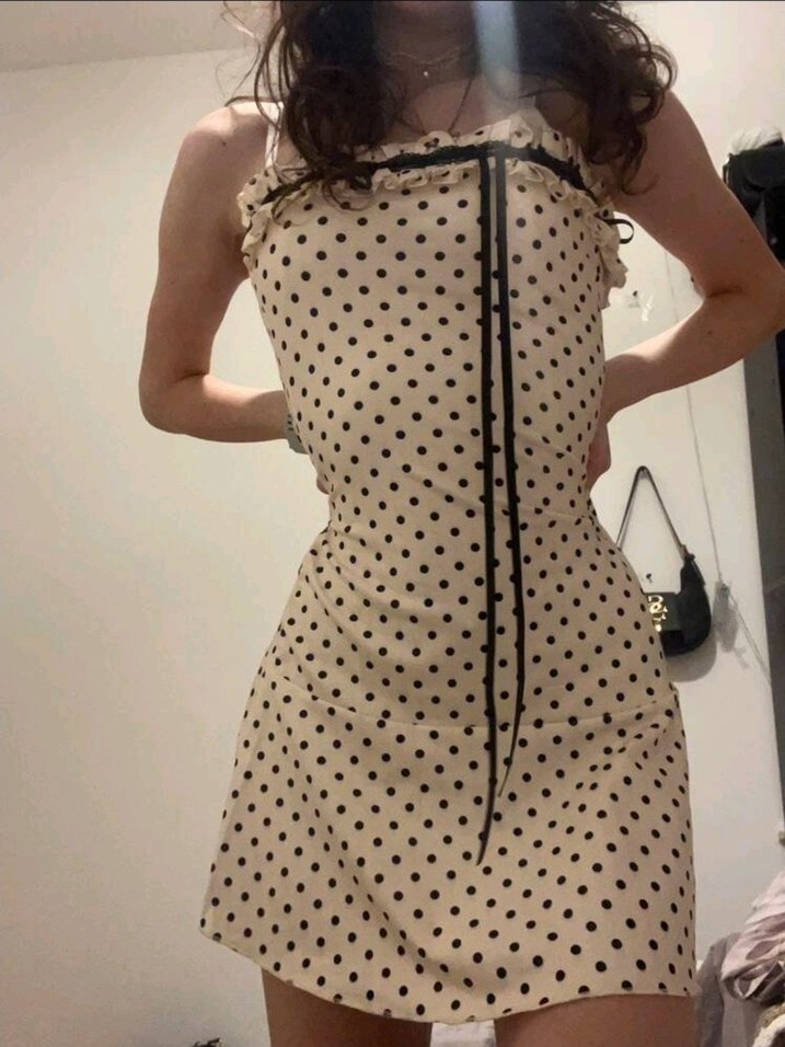 Dantel Detaylı Puantiye Straplez Elbise - Görsel 5