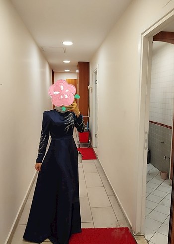 Uzun Kollu Lacivert Drapeli Abiye Elbise