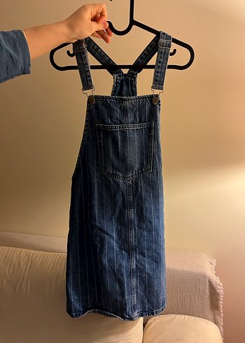 s Beden Çizgili Mavi Denim Kısa Salopet Elbise