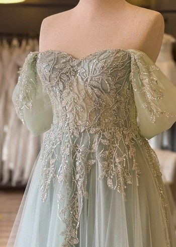 Dantel İşlemeli Uzun Su Yeşili Straplez Elbise - Görsel 5