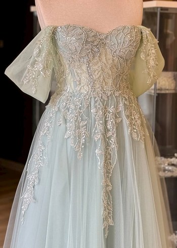 Dantel İşlemeli Uzun Su Yeşili Straplez Elbise - Görsel 4