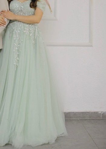 Dantel İşlemeli Uzun Su Yeşili Straplez Elbise - Görsel 2