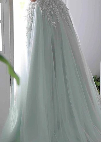 Dantel İşlemeli Uzun Su Yeşili Straplez Elbise - Görsel 6