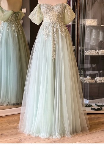 Dantel İşlemeli Uzun Su Yeşili Straplez Elbise - Görsel 3