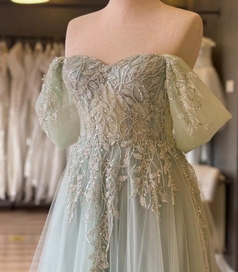 Dantel İşlemeli Uzun Su Yeşili Straplez Elbise - Görsel 5