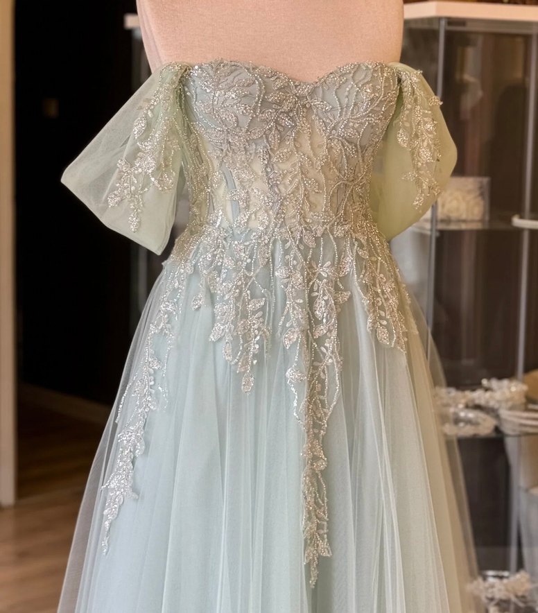 Dantel İşlemeli Uzun Su Yeşili Straplez Elbise - Görsel 4