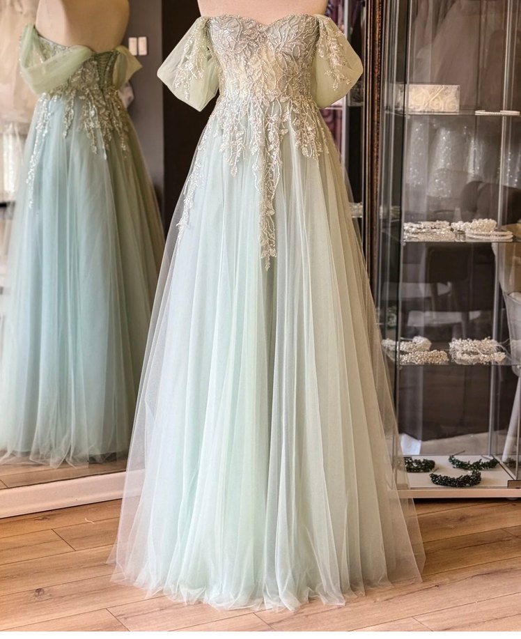 Dantel İşlemeli Uzun Su Yeşili Straplez Elbise - Görsel 3