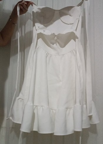 Askılı Fırfırlı Beyaz Keten Midi Elbise (1 kere giyilmiştir) - Görsel 2