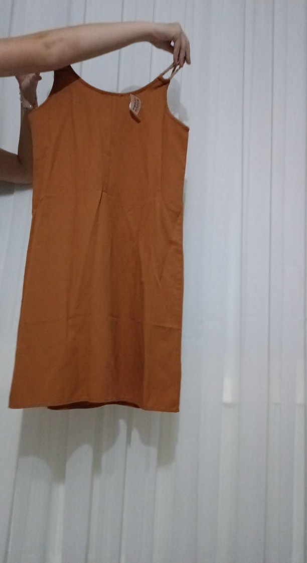 Düğmeli Kahverengi Keten Midi Elbise - Görsel 2