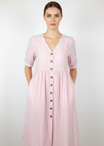 Düğmeli Pembe Çizgili Uzun Kadın Elbise - Görsel 2