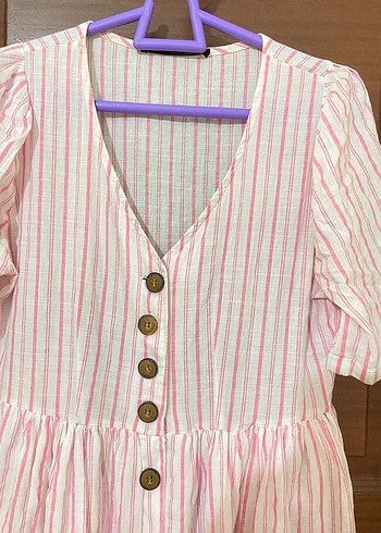 Düğmeli Pembe Çizgili Uzun Kadın Elbise - Görsel 6