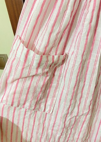 Düğmeli Pembe Çizgili Uzun Kadın Elbise - Görsel 7