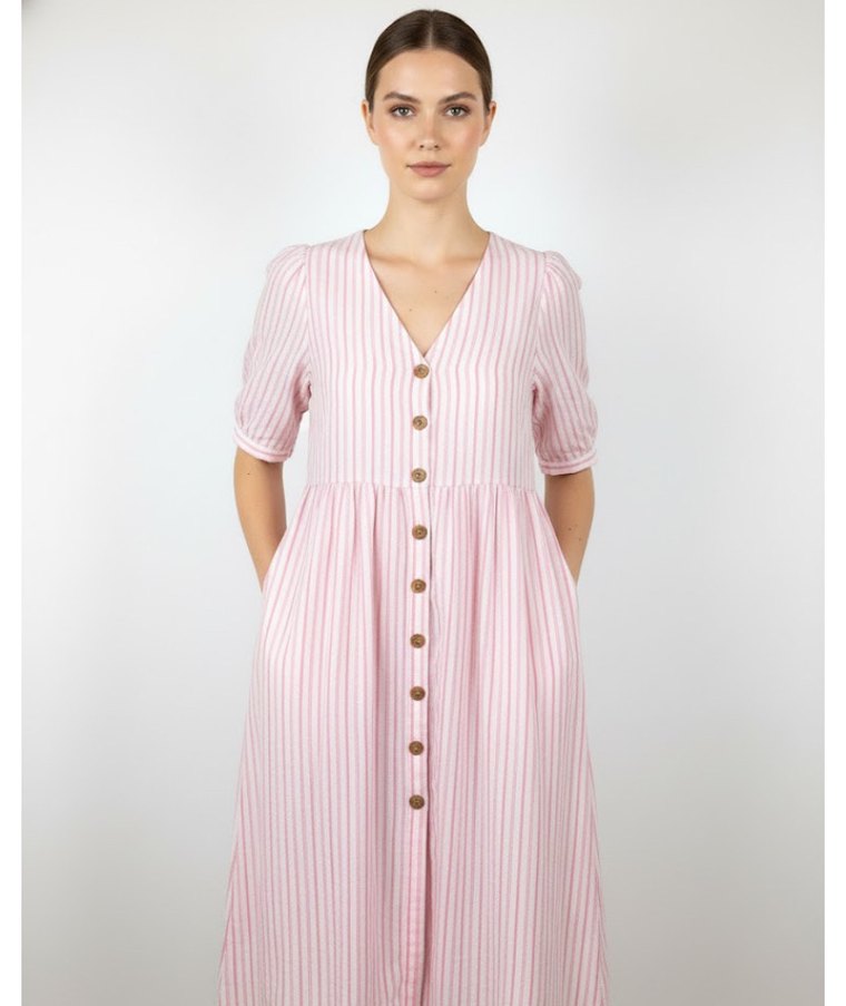 Düğmeli Pembe Çizgili Uzun Kadın Elbise - Görsel 2