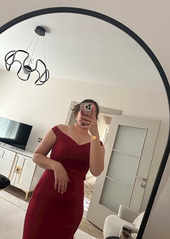 Kırmızı Drapeli Uzun balık Abiye Elbise - Görsel 3