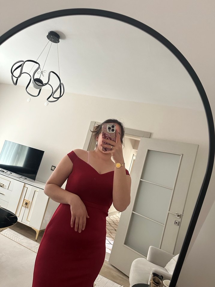 Kırmızı Drapeli Uzun balık Abiye Elbise - Görsel 3