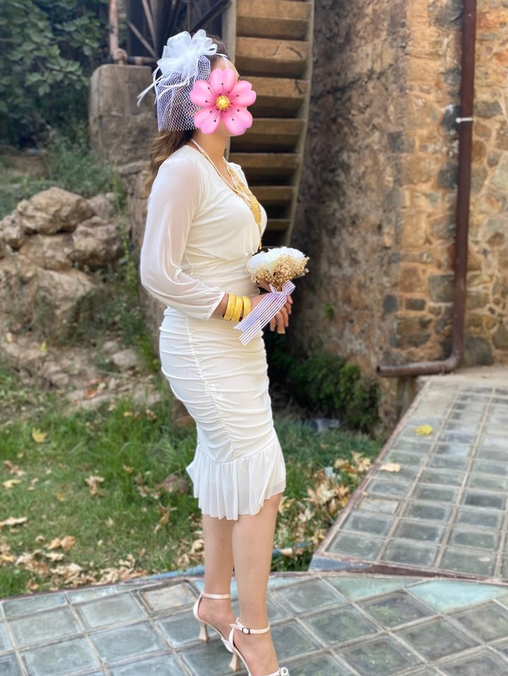 Beyaz V Yakalı Drapeli Midi nikah Elbisesi - Görsel 2