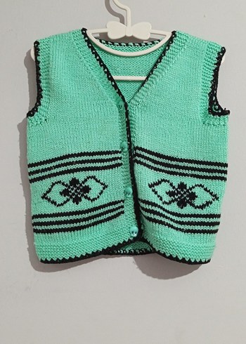 Nakışlı Turkuaz Kız Triko Yelek - Görsel 2